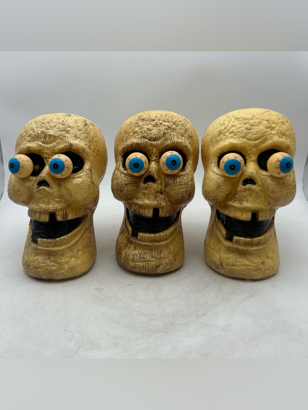 Vintage Blow Mold Skull with Googly Eyes 7" Halloween Decor Plastic Lot Of 3